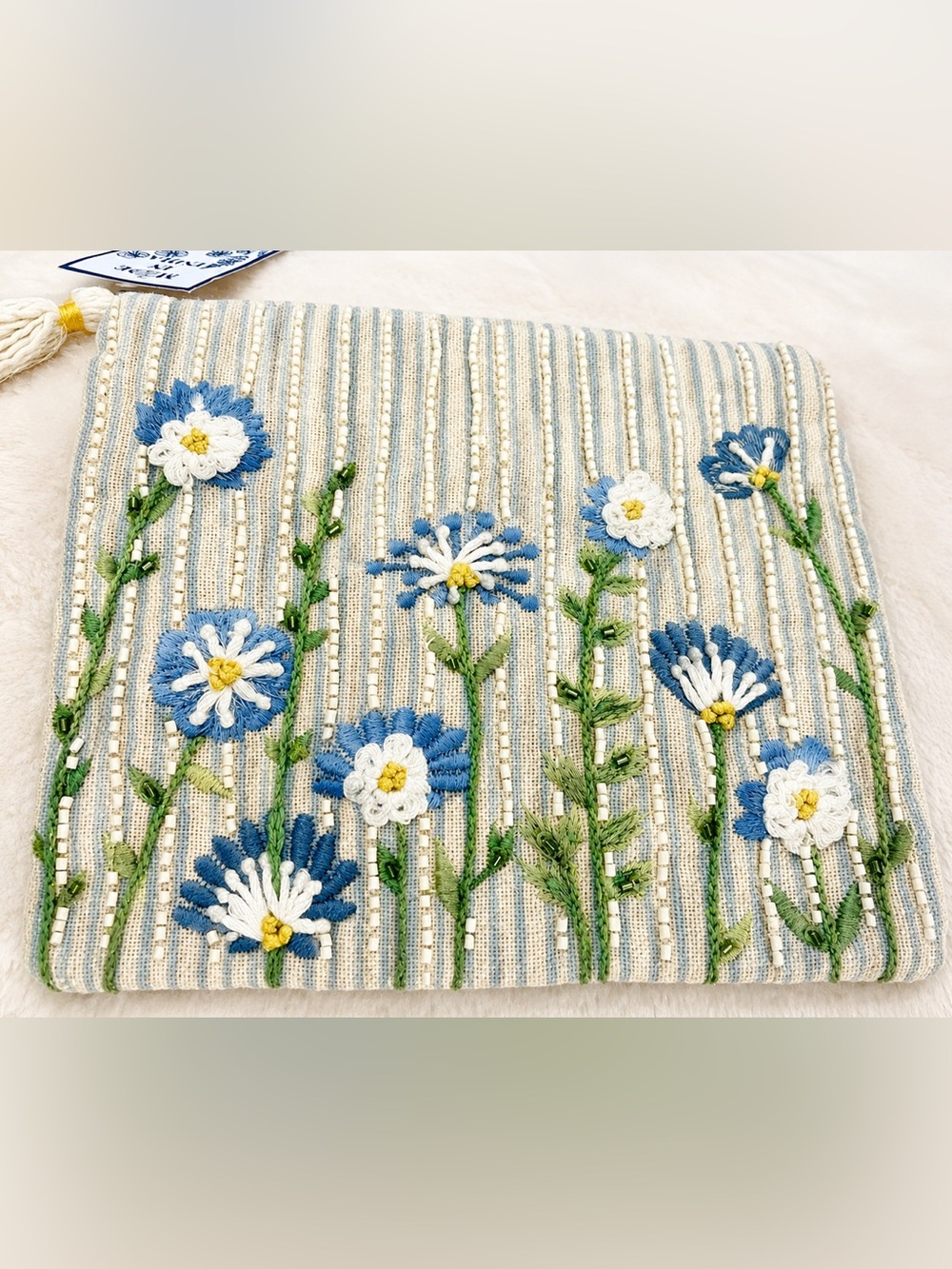 Hand-Embroidered Blue Daisy Bath Mat